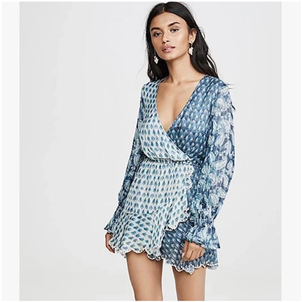 HEMANT & NANDITA KAIYO BLE SILVER PAISLEY RUFFLE PLUNGE NECK MINI DRESS XS